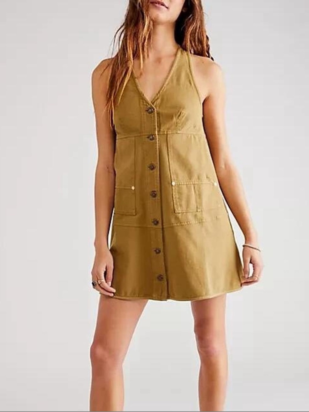 Free People We The Free Pocket Full of Sunshine Mini Dress in Olive Green Med